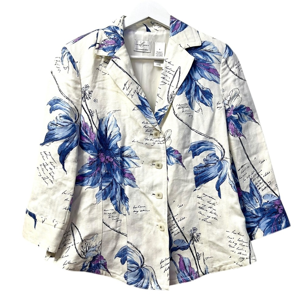 Emma James Women's Blazer Floral Linen Blend 3/4 Wrist Spring Summer Work Size 6